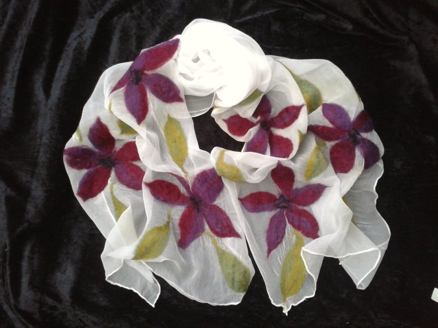 Silk chiffon scarf, nuno felted, white with red flower detail