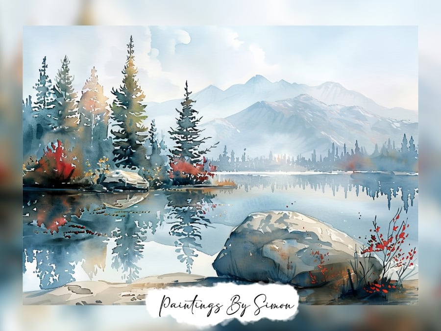 Serene Mountain Lake, Watercolor Painting Print 5"x7" on Matte Paper