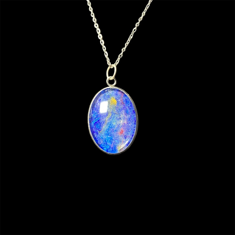 Blue wool and silk oval pendant with chain, with gift box option