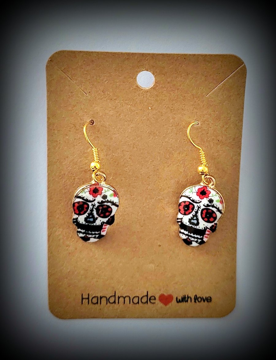 Red & White Day of the Dead Skull Charm Dangle Earrings on Gold Plated Hooks