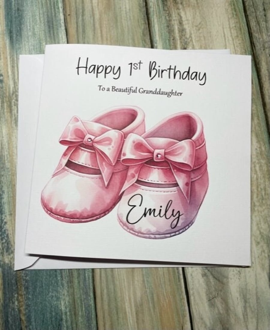 Pink Bootees 1st Birthday Card for Baby Girl First Birthday Handmade