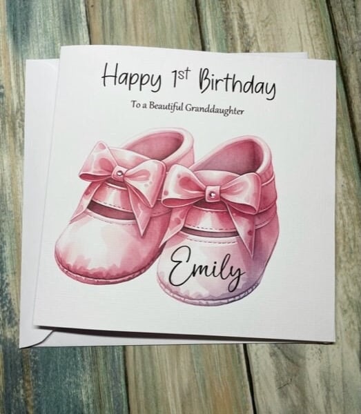 Pink Bootees 1st Birthday Card for Baby Girl First Birthday Handmade
