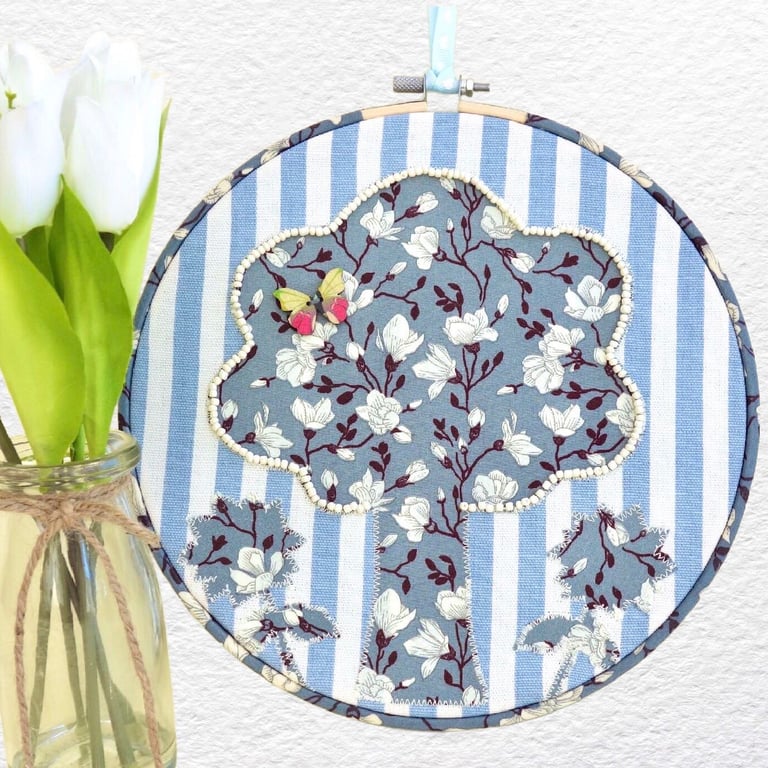 Tree & Flowers Embroidery Hooped Decoration 23cm (9") ready to hang