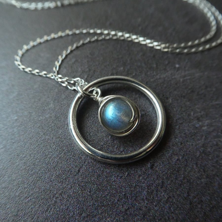 sterling silver circle pendant with labradorite detail, labradorite necklace