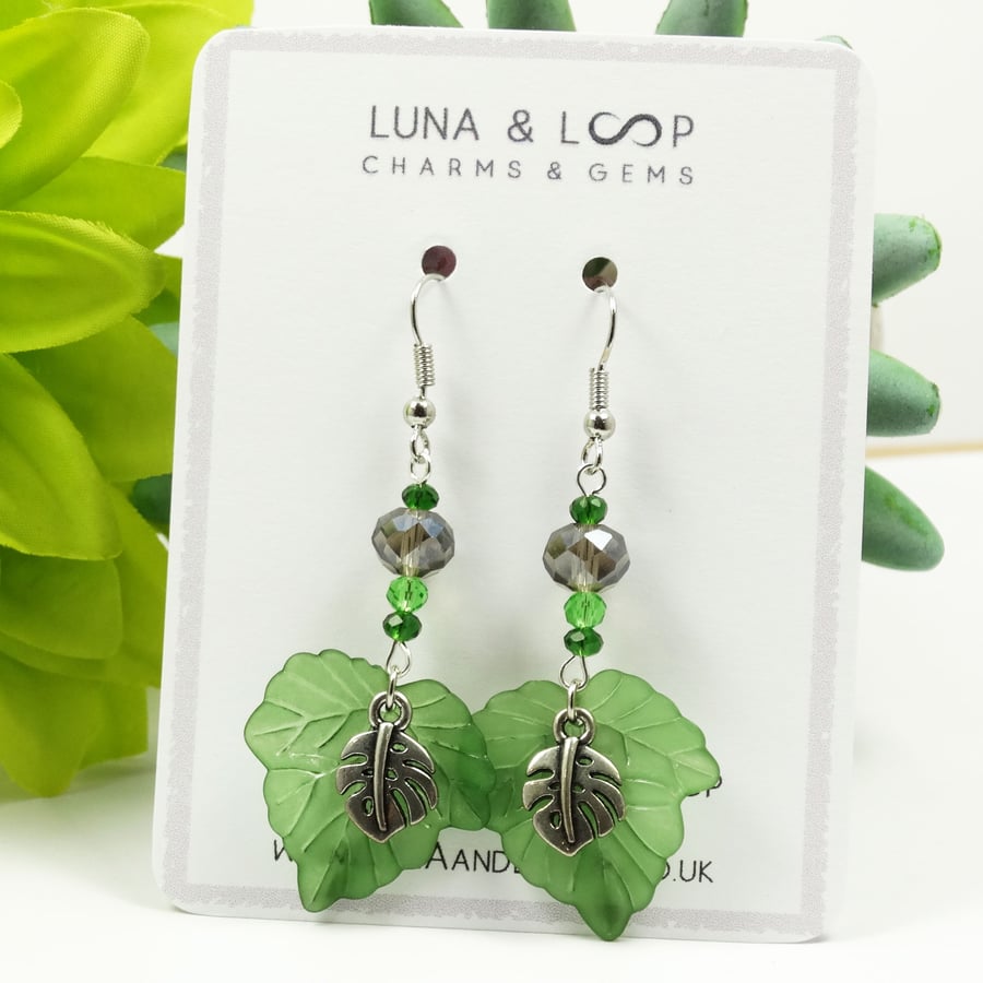 Green Leaves Handmade Earrings with monstera leaf