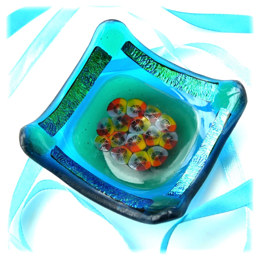 Emerald Ring Earring Fused Glass Dish Dichroic Millefiori Gift Art Handmade
