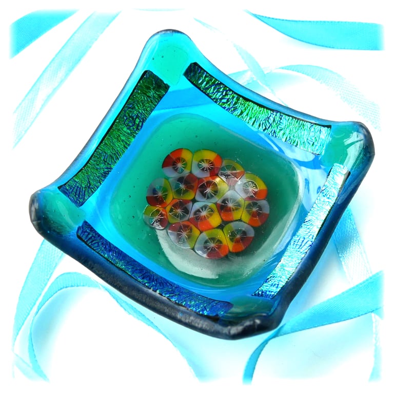 Emerald Ring Earring Fused Glass Dish Dichroic Millefiori Gift Art Handmade