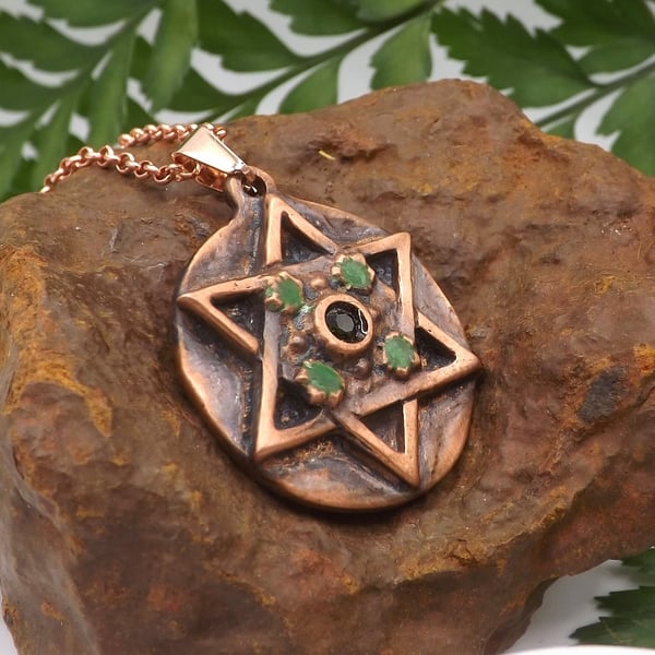 Copper Six Point Star with Maple Leaves Pendant Necklace & Chrome Diopside Gem.