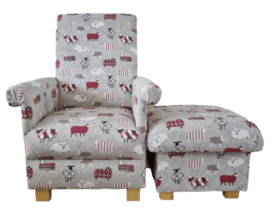 iLiv Baa Baa Red Fabric Adult Chair & Footstool Patchwork Armchair Sheep Lambs