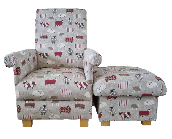 iLiv Baa Baa Red Fabric Adult Chair & Footstool Patchwork Armchair Sheep Lambs