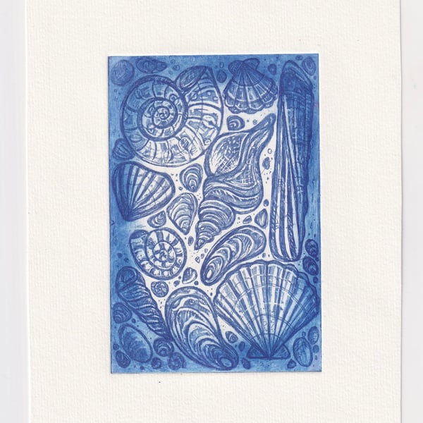 Blue Seashell Original Print- Coastal Aquatint Etching