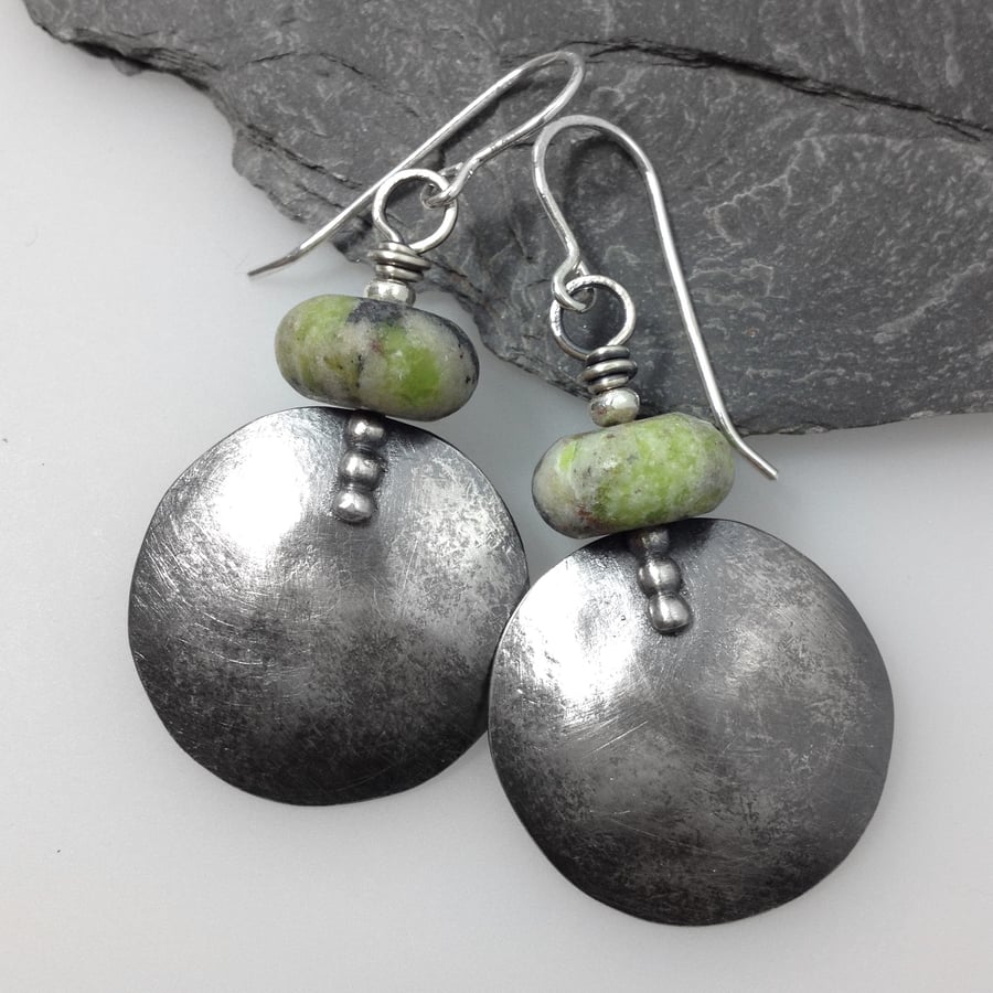 Large round oxidised  silver and earthy chrysoprase earrings 