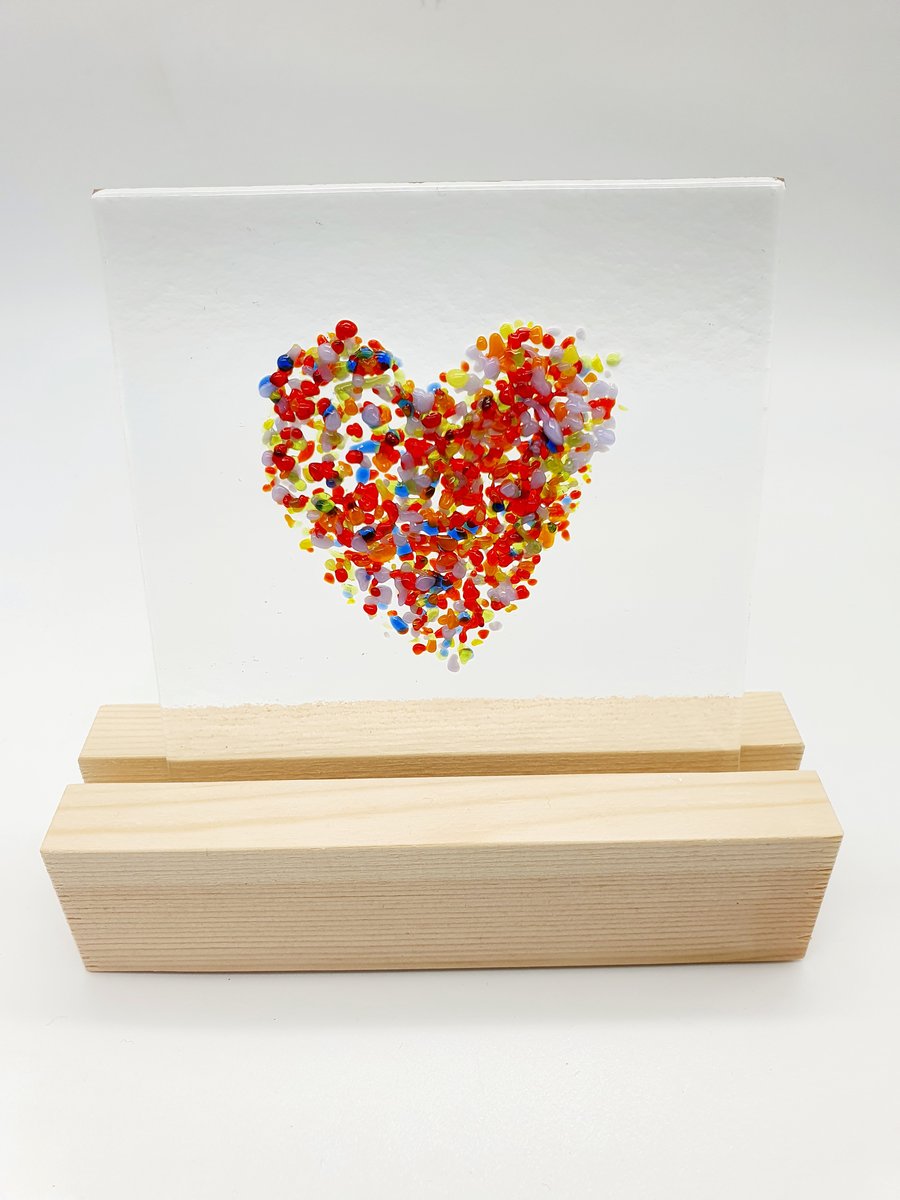 Fused Glass 'Rainbow Sprinkles Heart' on Wooden Stand