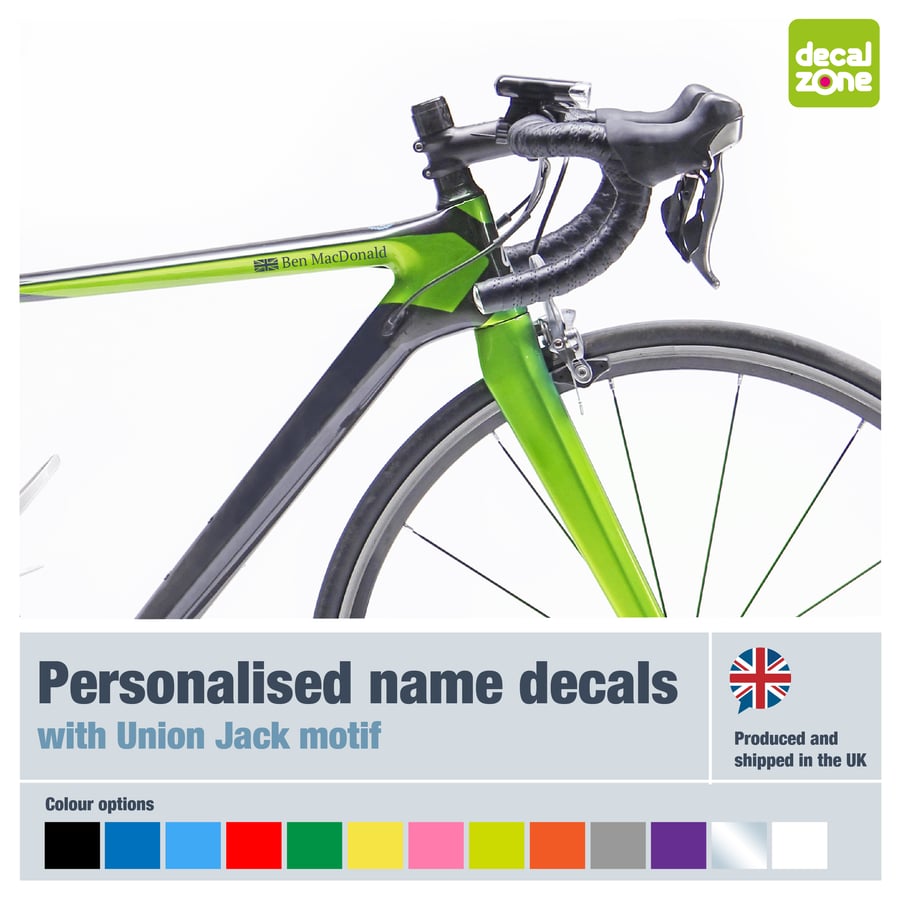 Personalised Bike decals with Union Jack, stickers, labels x4, road, MTB, Gravel