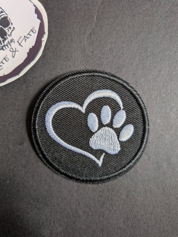 White paw print inside a heart - Embroidered Iron on Patch