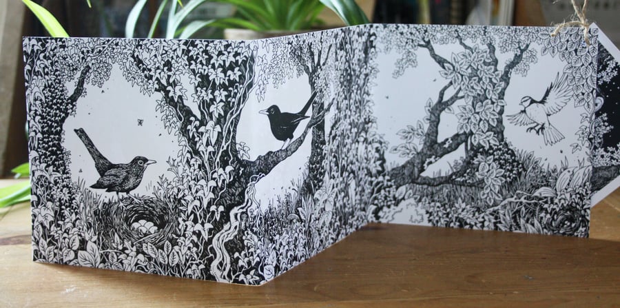 Owls and Blackbirds -  a double-sided concertina greetings card