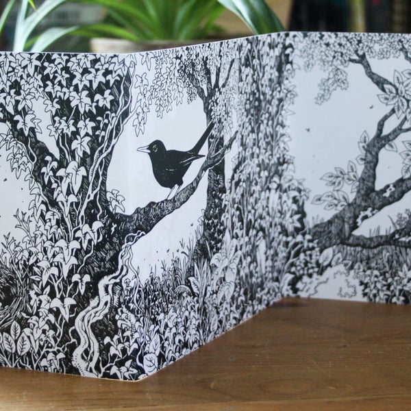Owls and Blackbirds -  a double-sided concertina greetings card