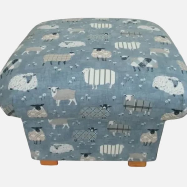 Storage Footstool iLiv Baa Sheep Denim Blue Fabric Pouffe Lambs Farm Animals