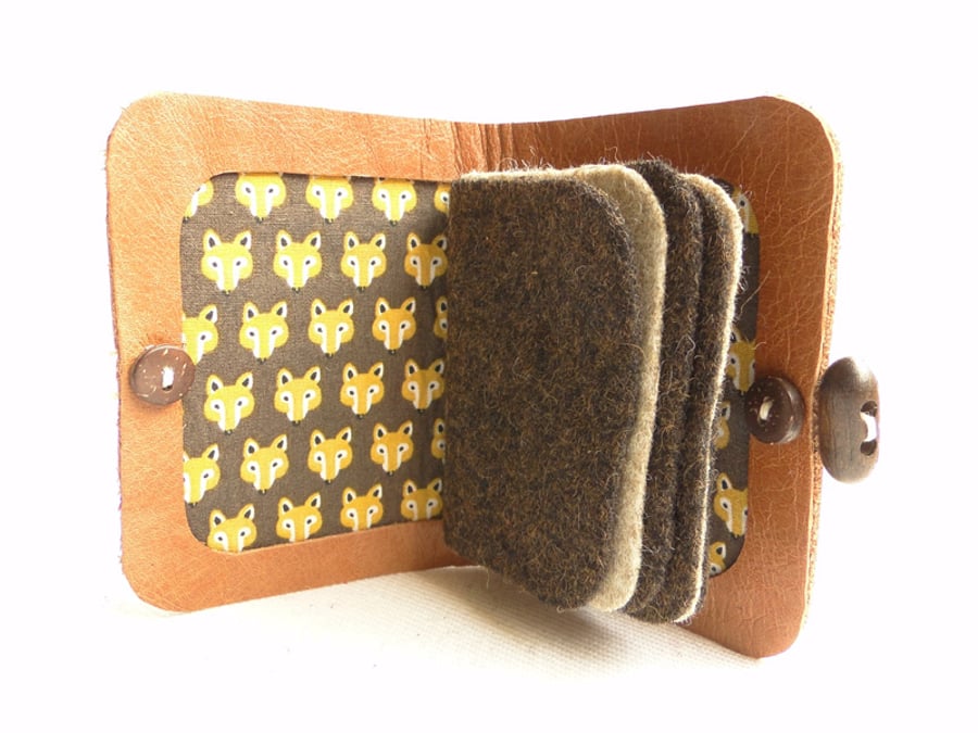 Sewing Needle Case - Brown Leather - Fox Fabric - Needle Book - Sewing Gift