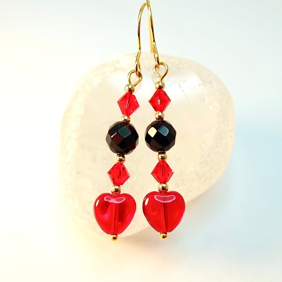 Red Glass Heart Earrings With Onyx And Swarovsk Folksy