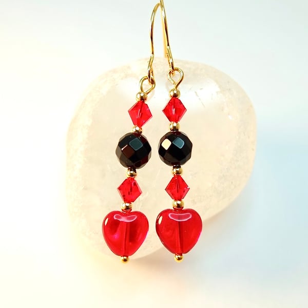 Red Glass Heart Earrings With Onyx And Swarovski Crystals - Handmade In Devon