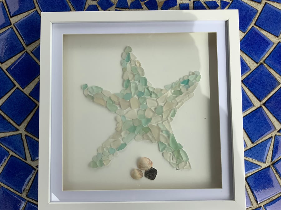 Sea Glass Starfish Picture.  Pretty coastal Art. Framed .