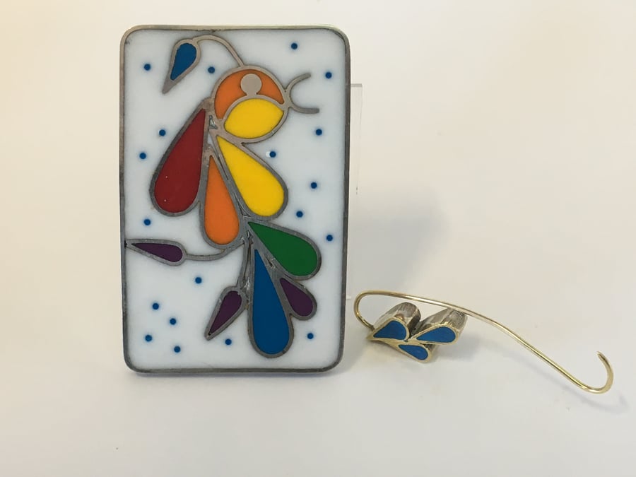 A Rainbow bird pendant and brooch in brass and resin.HALF PRICE