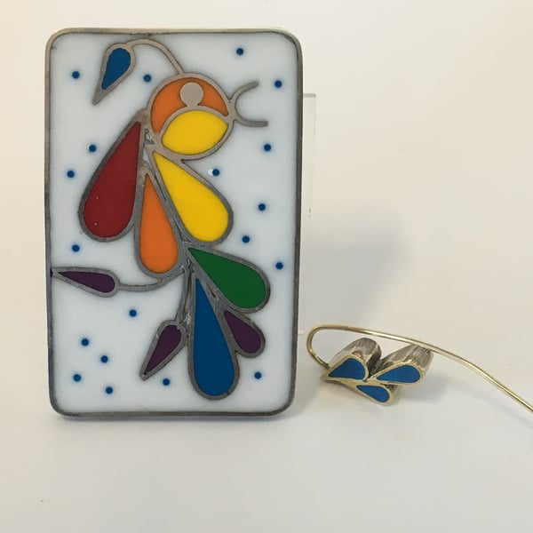 A Rainbow bird pendant and brooch in brass and resin.HALF PRICE