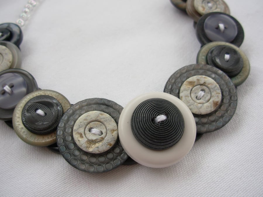 Button Necklace Black Grey and Taupe