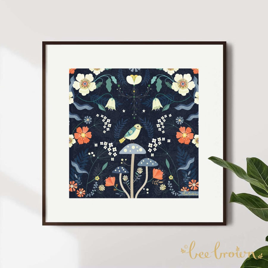 'Bird & Three Mushrooms' - Art Print