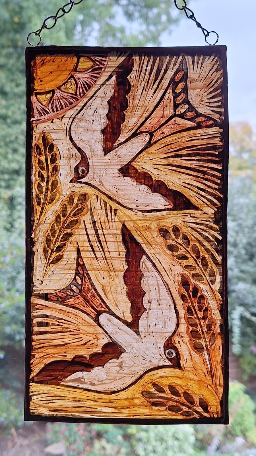 SWALLOW SUNCATCHER WALL HANGING. HAND PAINTED BIRD. 10 x 5 inches.