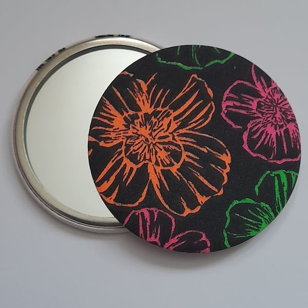 Neon Flower Design Fabric Backed Pocket Mirror