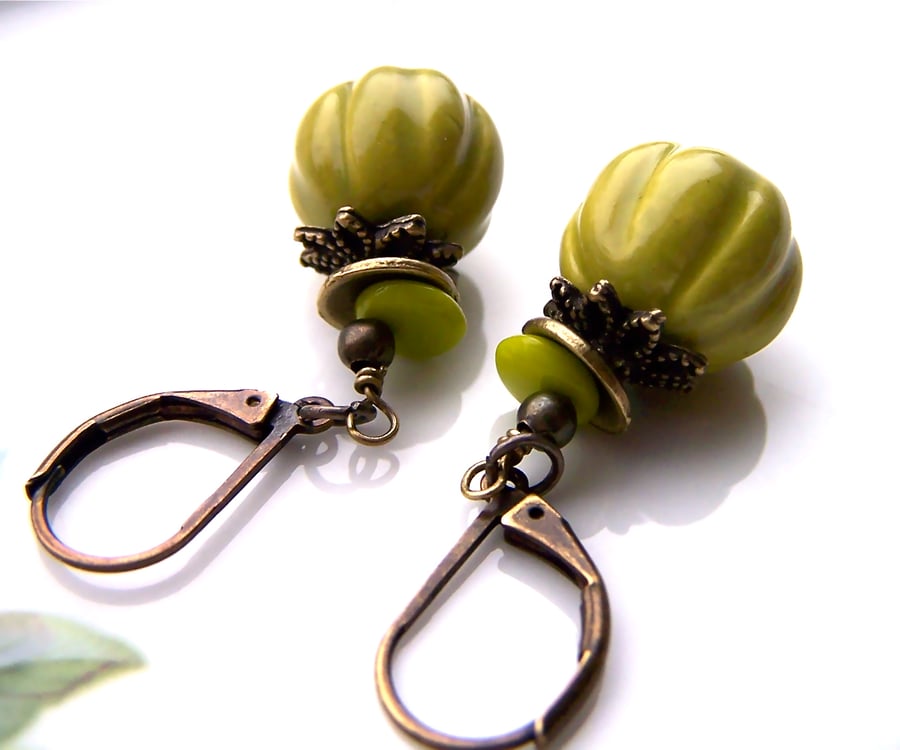 Pea Green Earrings, Artisan Ceramic Beads, Quirky Boho Rustic Dangle Earrings