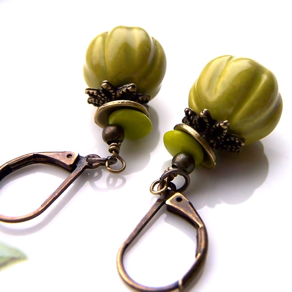 Pea Green Earrings, Artisan Ceramic Beads, Quirky Boho Rustic Dangle Earrings
