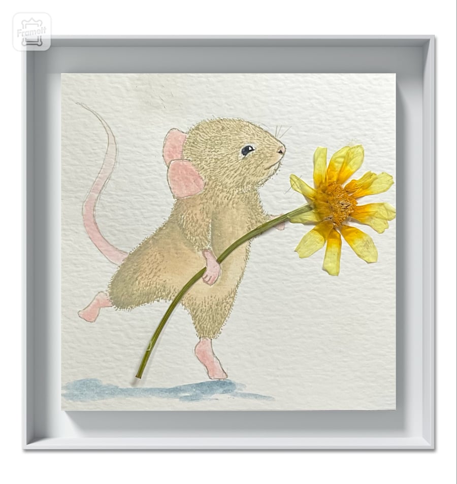 Original watercolour with pressed flower