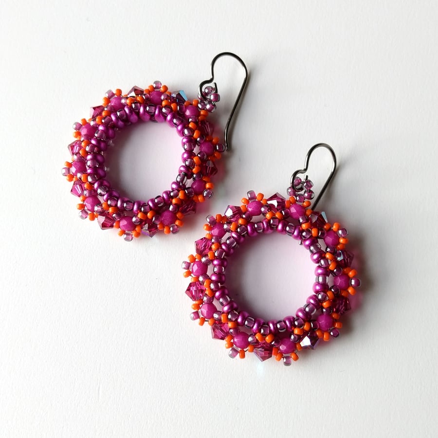 Boho Hoop Earrings in Magenta Pink and Orange