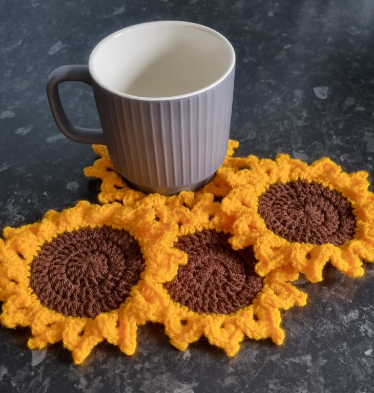 Sunflowers crochet coasters, indoors, outdoors, stocking fillers,  gift sets