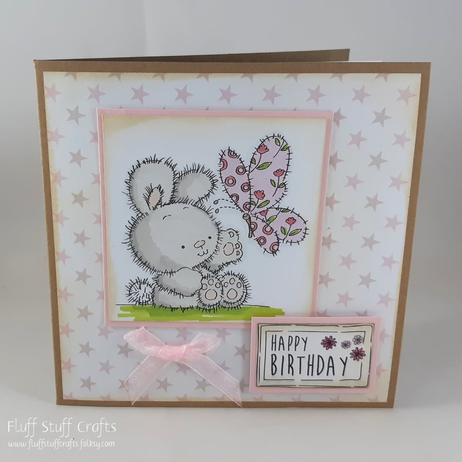 Handmade child's birthday card - bunny and butterfly