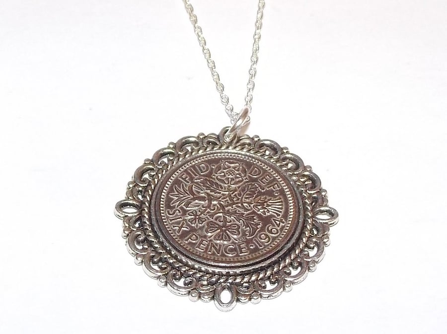 Fancy Pendant 1964 Lucky sixpence 60th Birthday plus a Sterling Silver 18in Chai