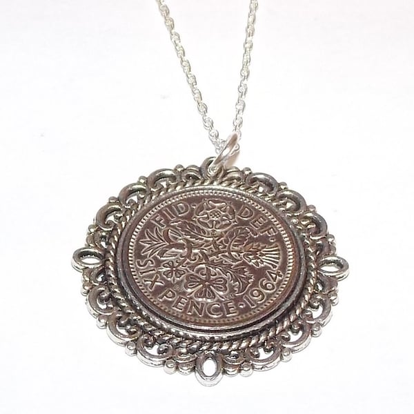 Fancy Pendant 1964 Lucky sixpence 60th Birthday plus a Sterling Silver 18in Chai