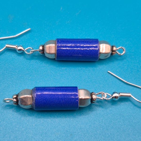 Midnight blue Paper beaded earrings with tibetan silver beads