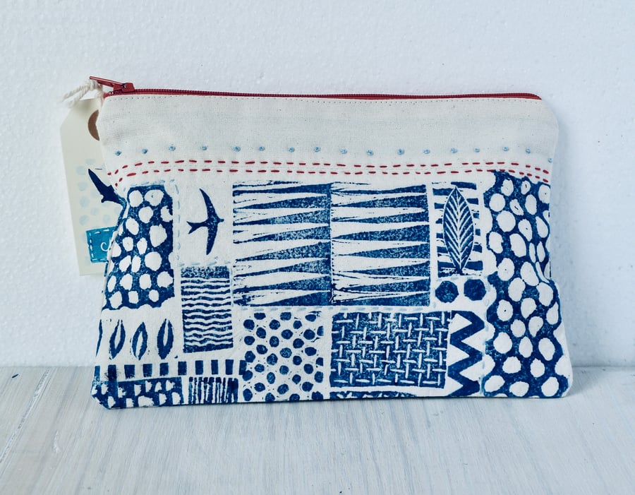 A unique hand printed pouch with hand embroidery made by Linda in Hampshire