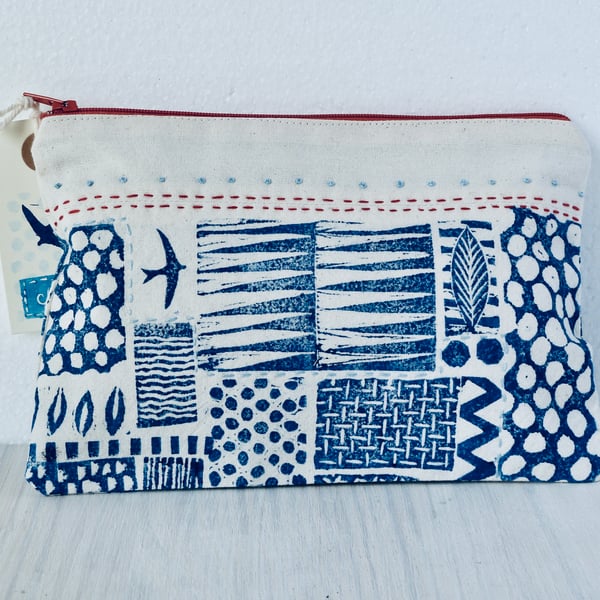 A unique hand printed pouch with hand embroidery made by Linda in Hampshire