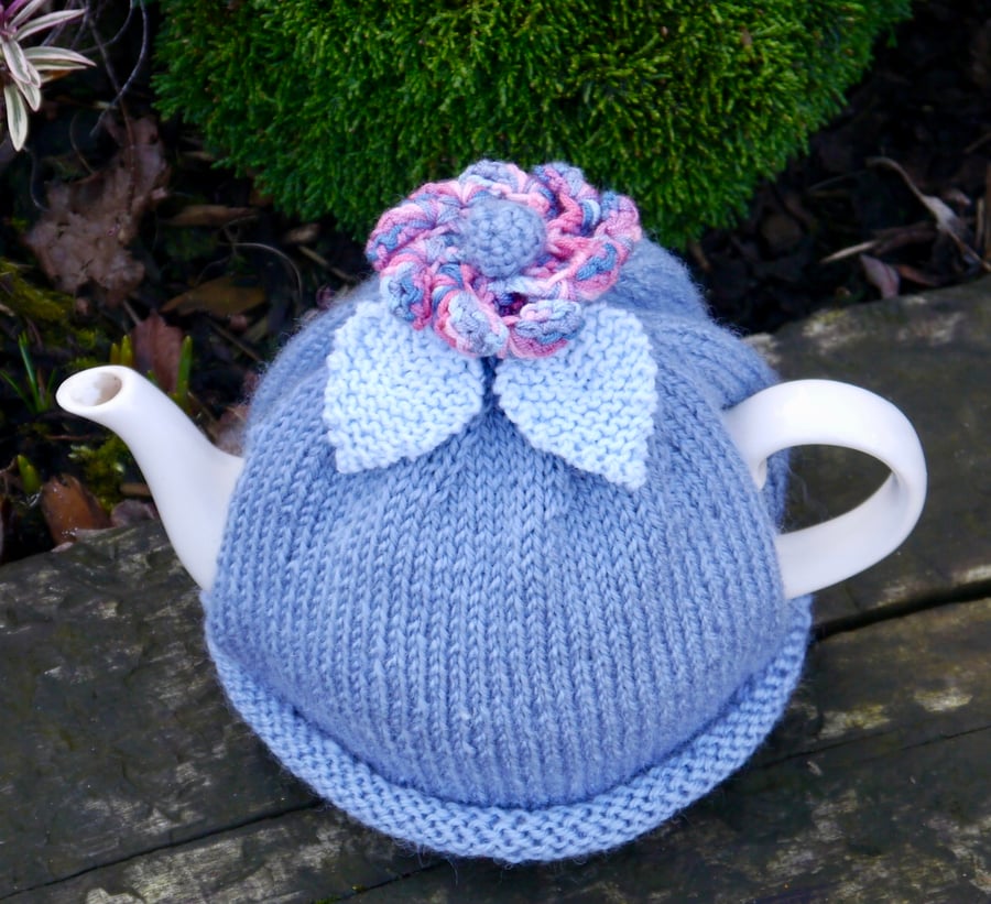 Blue Flower Hand Knitted Teacosy with Leaves