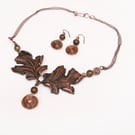 Copper and Labradorite Jewelry Set - Handmade Leaf Necklace & Earrings- Spiral 