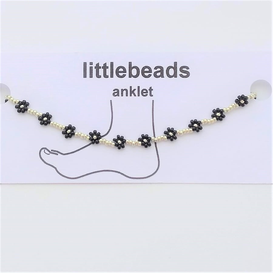 Black and Silver Daisy Seed Beaded Anklet