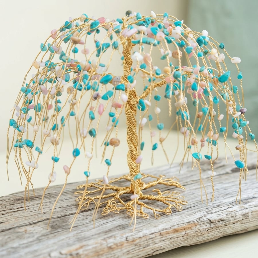 Wire Turquoise And Pink Opal Willow Tree Sculpture