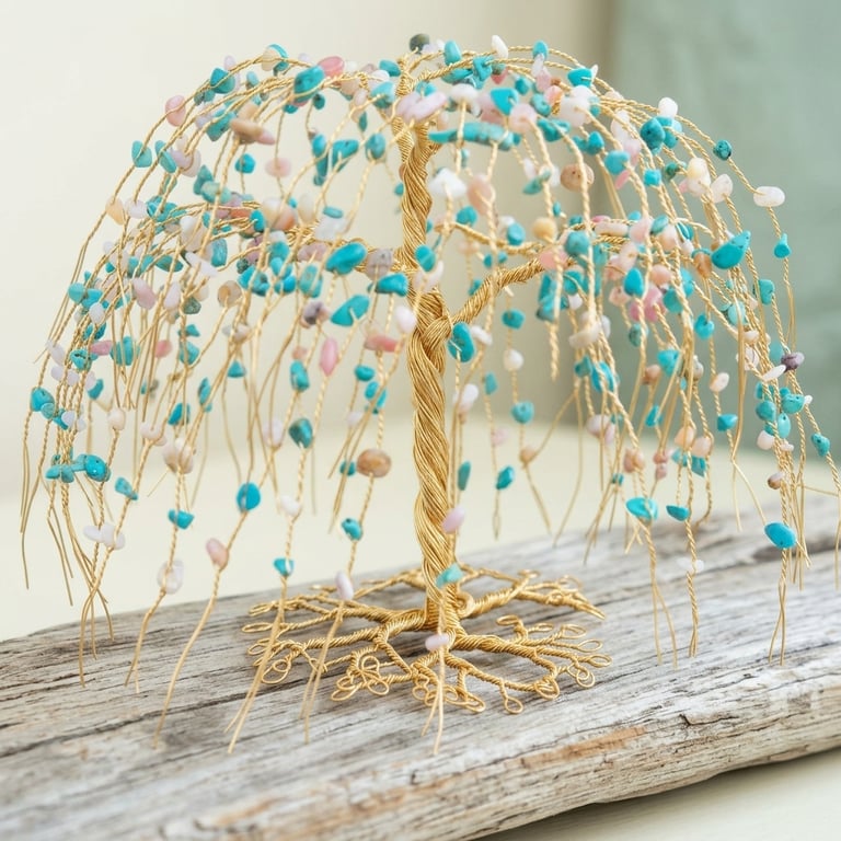 Wire Turquoise And Pink Opal Willow Tree Sculpture