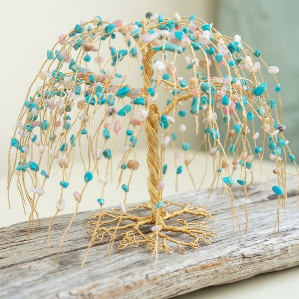Wire Turquoise And Pink Opal Willow Tree Sculpture
