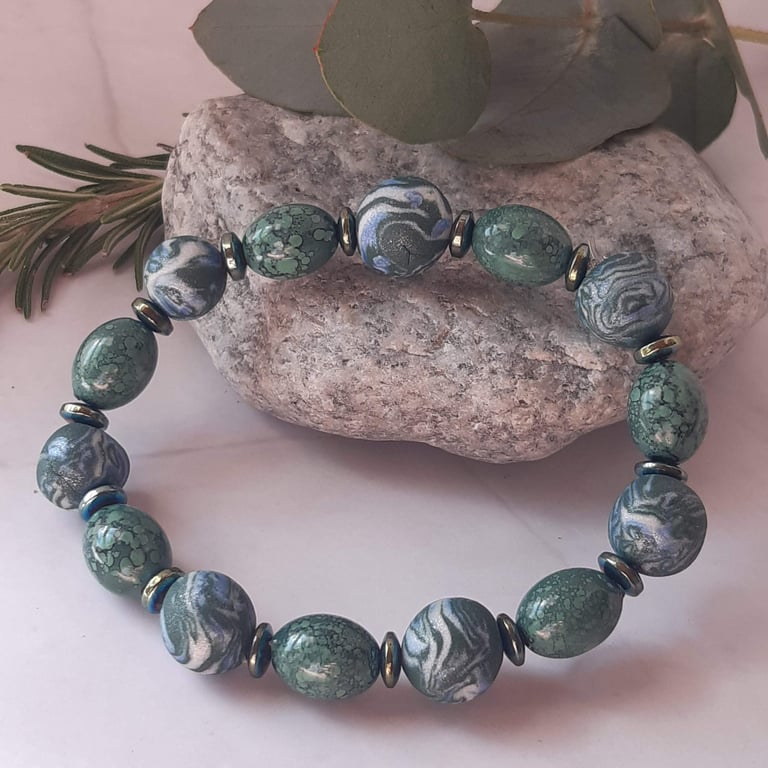 Forest green and sea blue polymer clay stretch bracelet